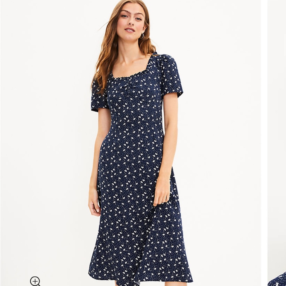 Loft Petite Floral Cinched Midi Dress navy Beautiful dress mid length